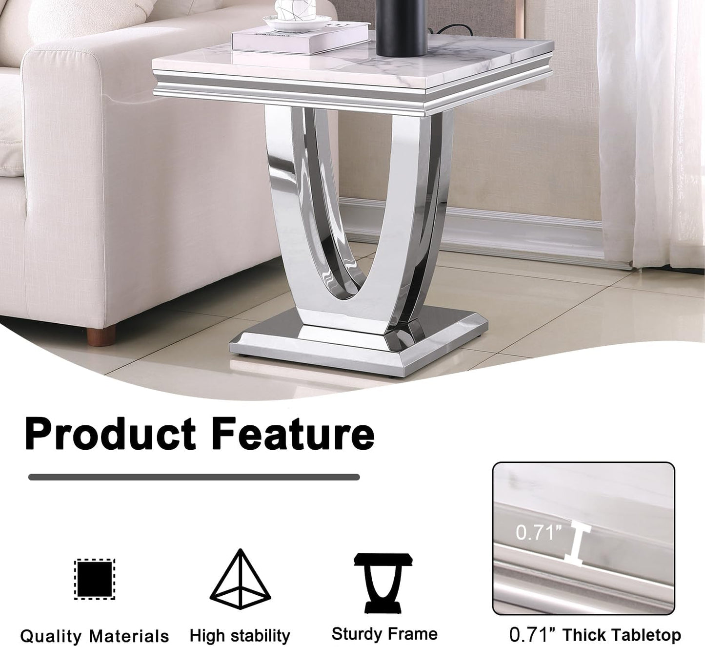 Modern Marble Coffee Table Set – 2-Piece Living Room Side Table with Stainless Steel Frame