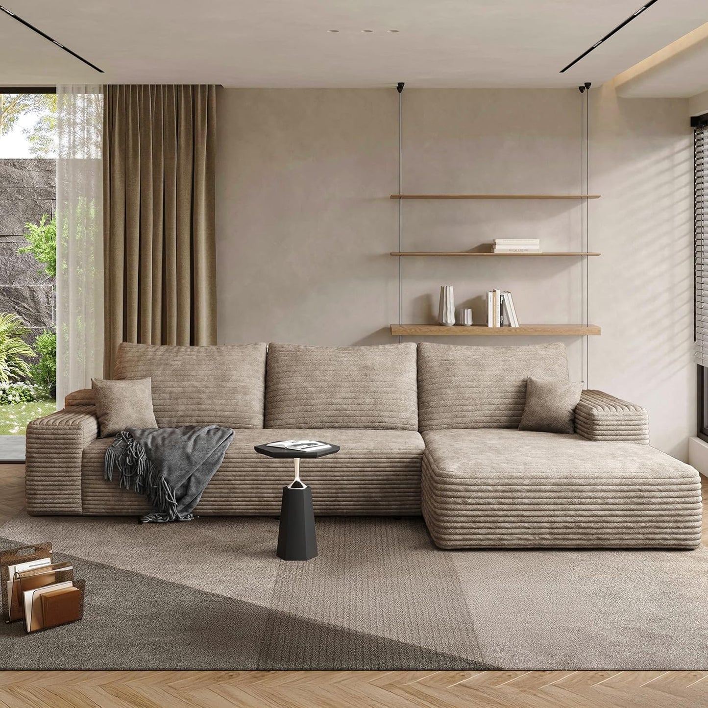 Modular Cloud L-Shaped Sectional Sofa with Plush Corduroy Fabric and Chaise Lounge