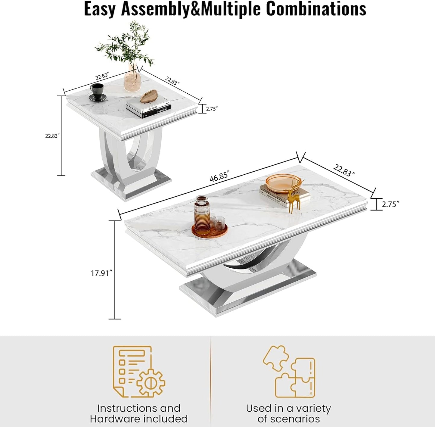 Modern Marble Coffee Table Set – 2-Piece Living Room Side Table with Stainless Steel Frame
