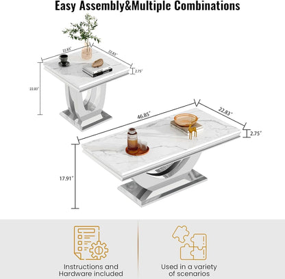 Modern Marble Coffee Table Set – 2-Piece Living Room Side Table with Stainless Steel Frame