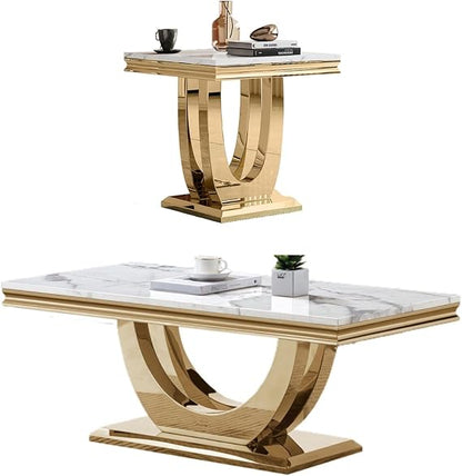 Modern Marble Coffee Table Set – 2-Piece Living Room Side Table with Stainless Steel Frame