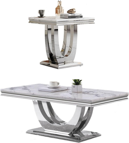 Modern Marble Coffee Table Set – 2-Piece Living Room Side Table with Stainless Steel Frame