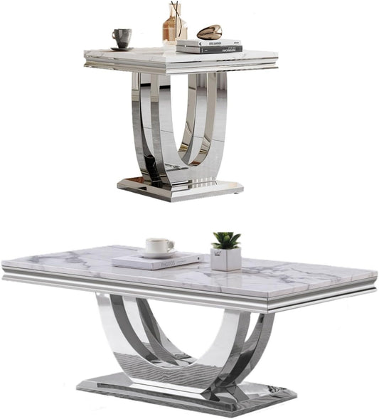 Modern Marble Coffee Table Set – 2-Piece Living Room Side Table with Stainless Steel Frame