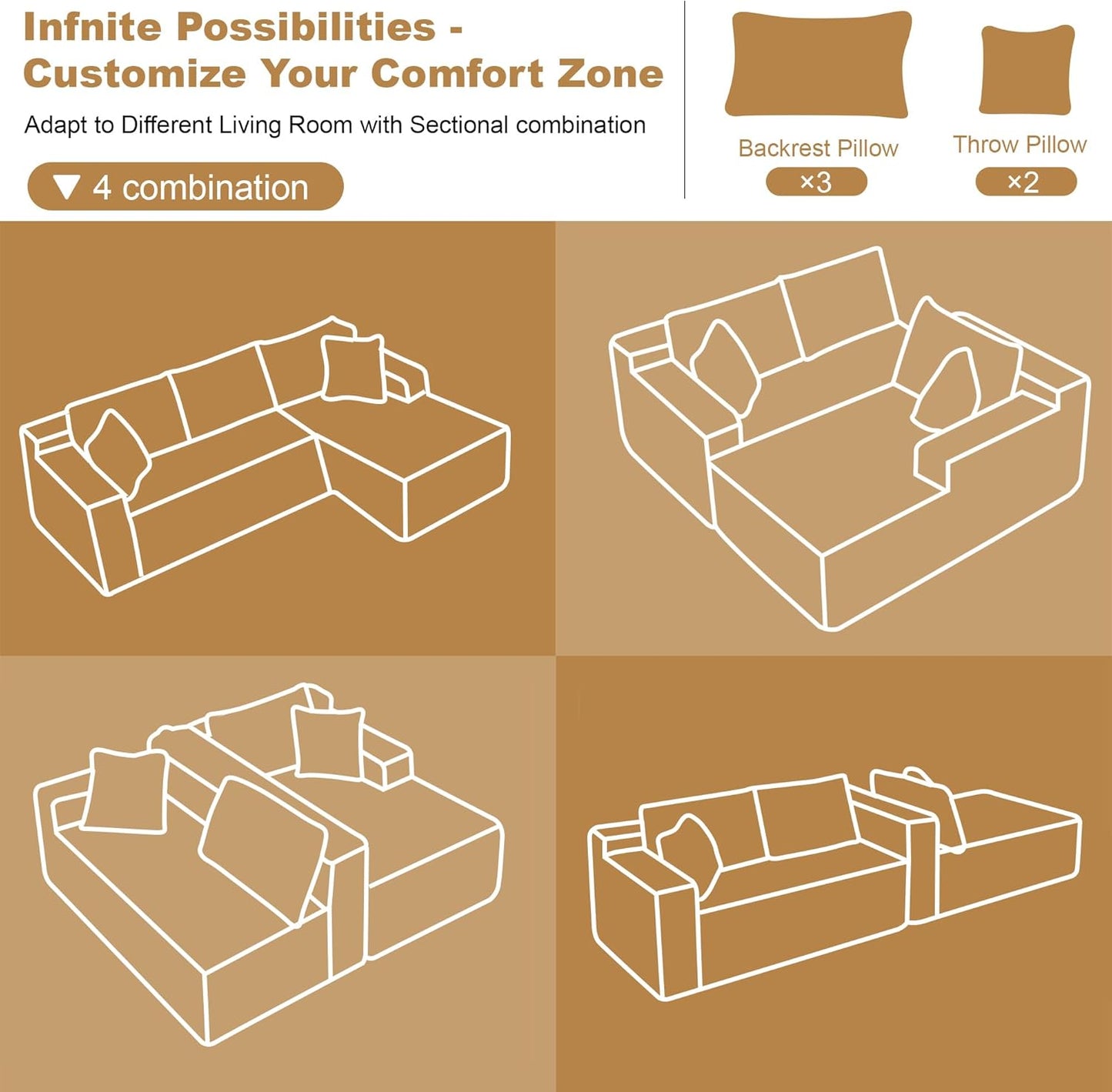 Modular Cloud L-Shaped Sectional Sofa with Plush Corduroy Fabric and Chaise Lounge