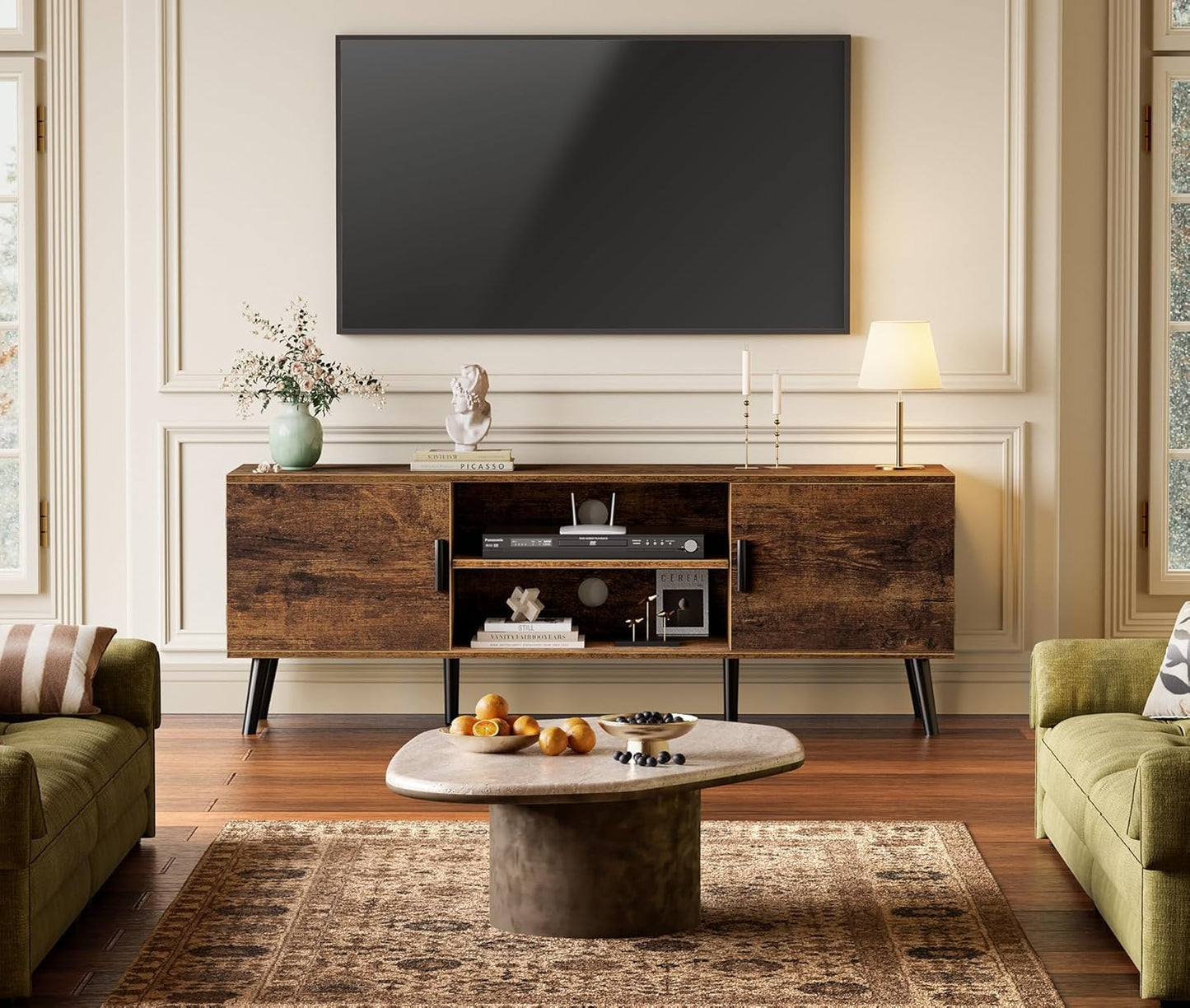 Mid-Century Modern TV Stand with Storage Cabinets and Cable Management