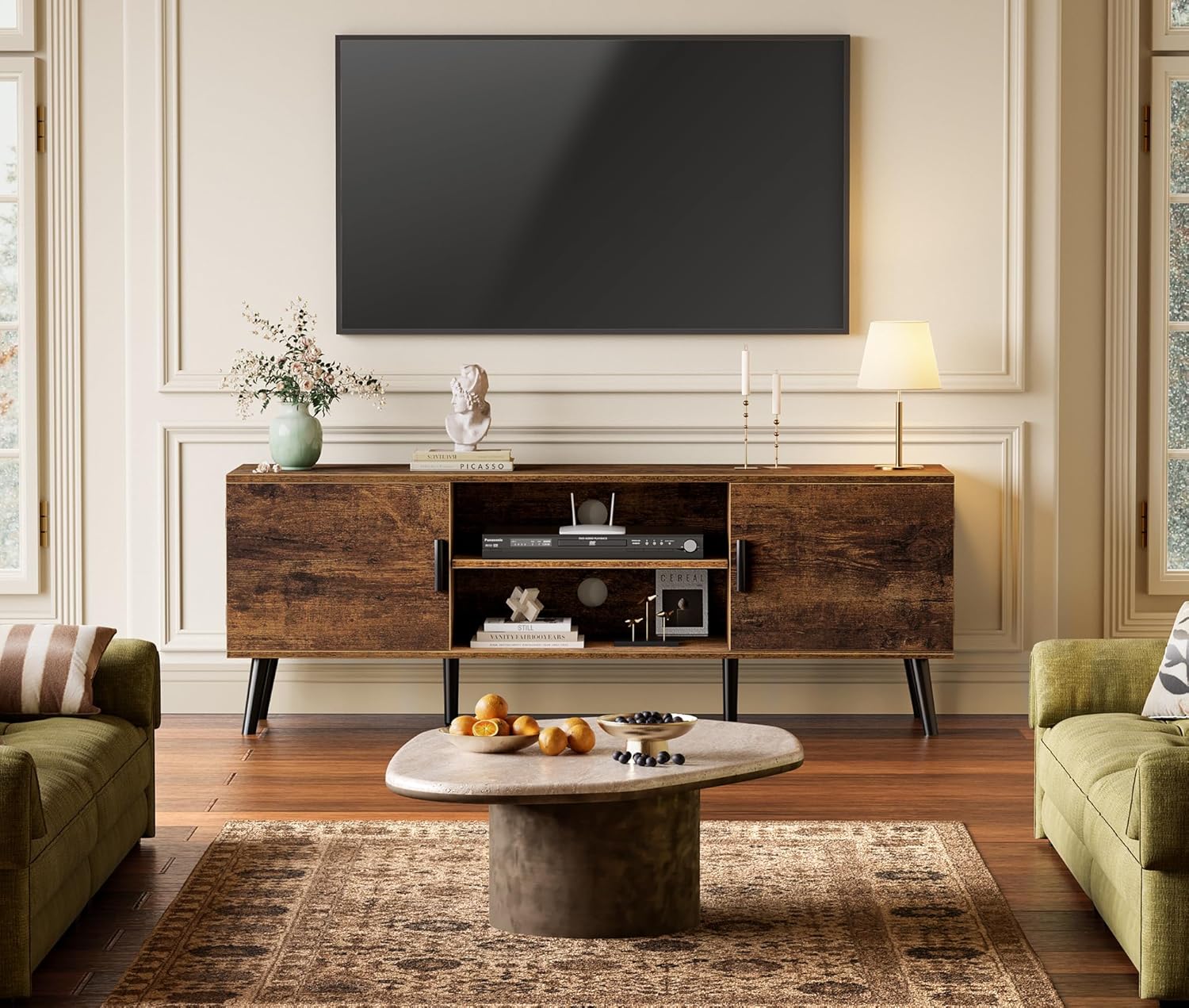 Mid-Century Modern TV Stand with Storage Cabinets and Cable Management