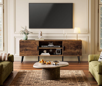 Mid-Century Modern TV Stand with Storage Cabinets and Cable Management