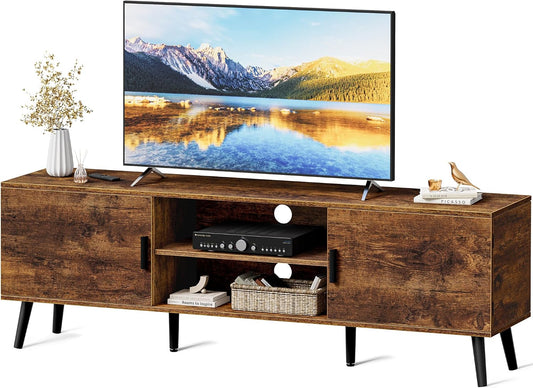 Mid-Century Modern TV Stand with Storage Cabinets and Cable Management