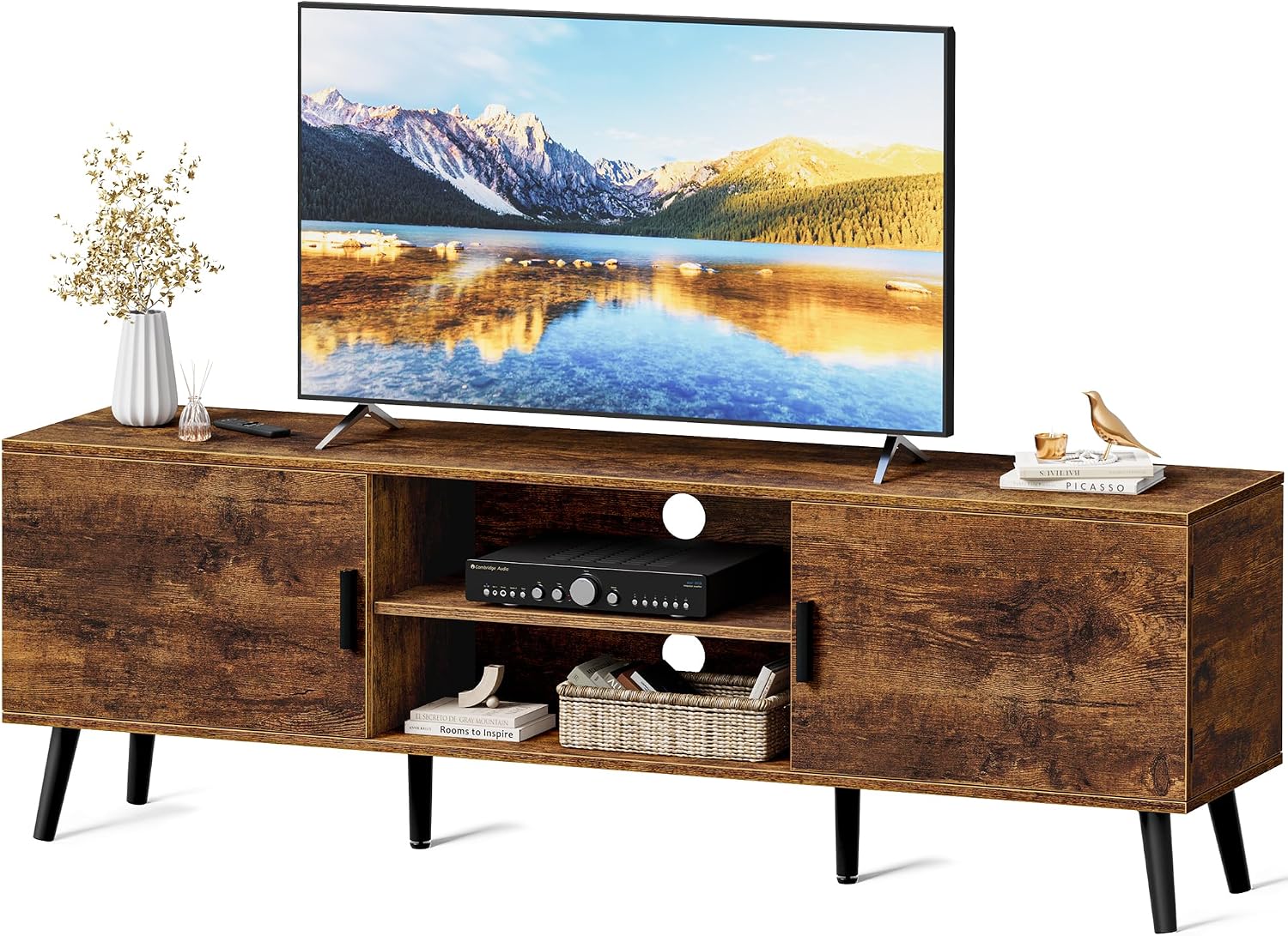 Mid-Century Modern TV Stand with Storage Cabinets and Cable Management