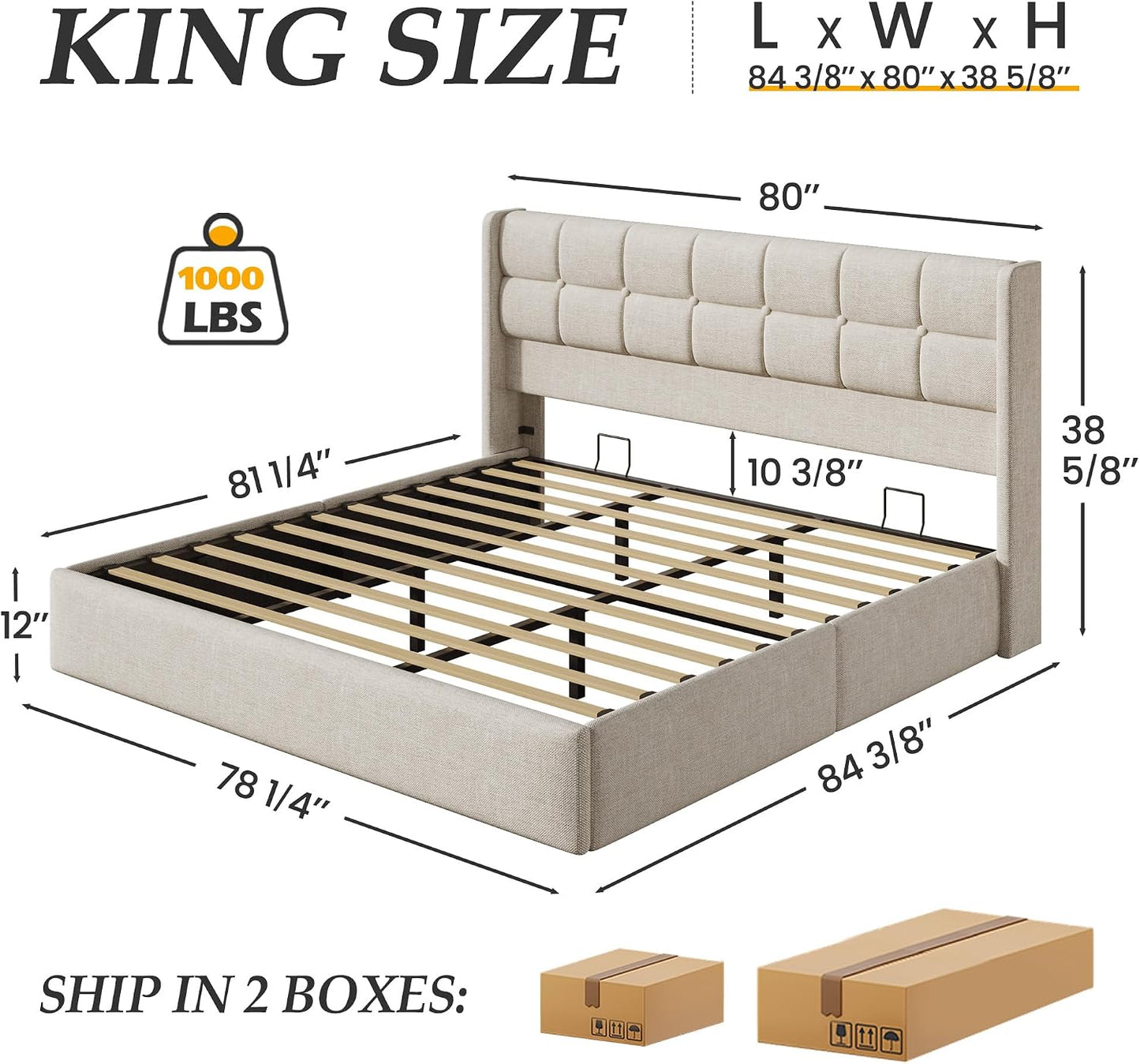 King Size Hydraulic Lift-Up Storage Bed Frame with Wingback Headboard and Noise-Free Design