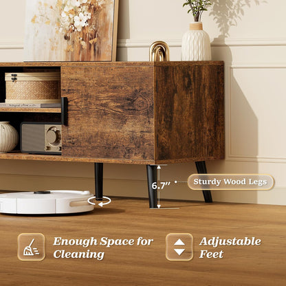 Mid-Century Modern TV Stand with Storage Cabinets and Cable Management