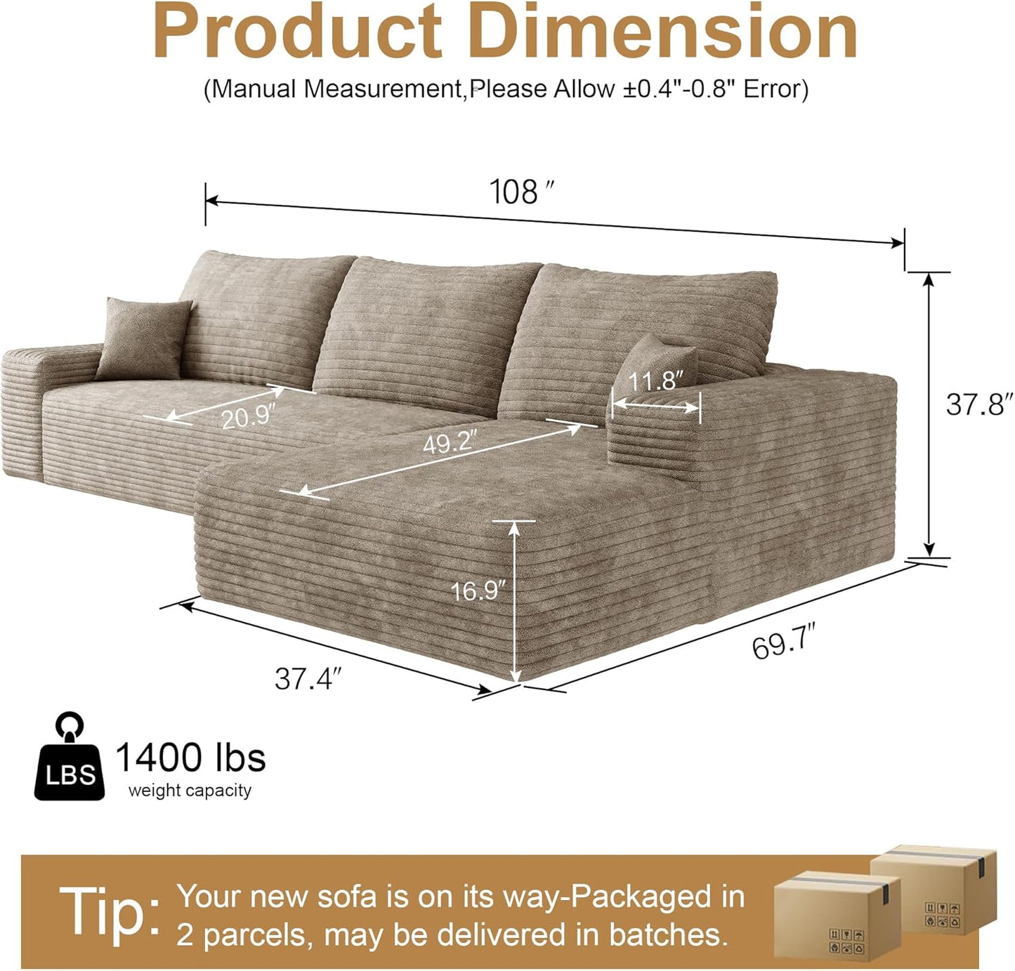 Modular Cloud L-Shaped Sectional Sofa with Plush Corduroy Fabric and Chaise Lounge
