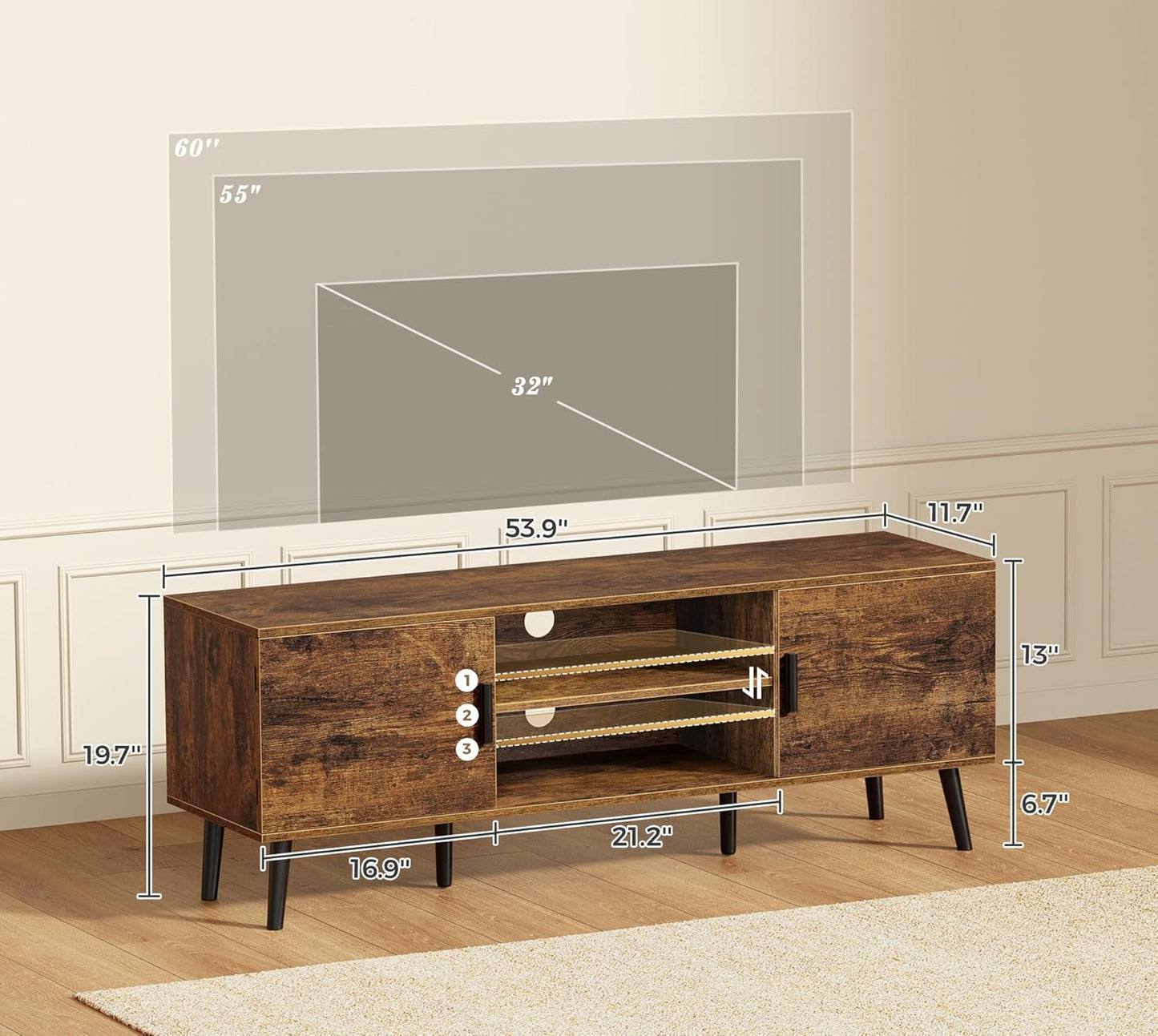 Mid-Century Modern TV Stand with Storage Cabinets and Cable Management