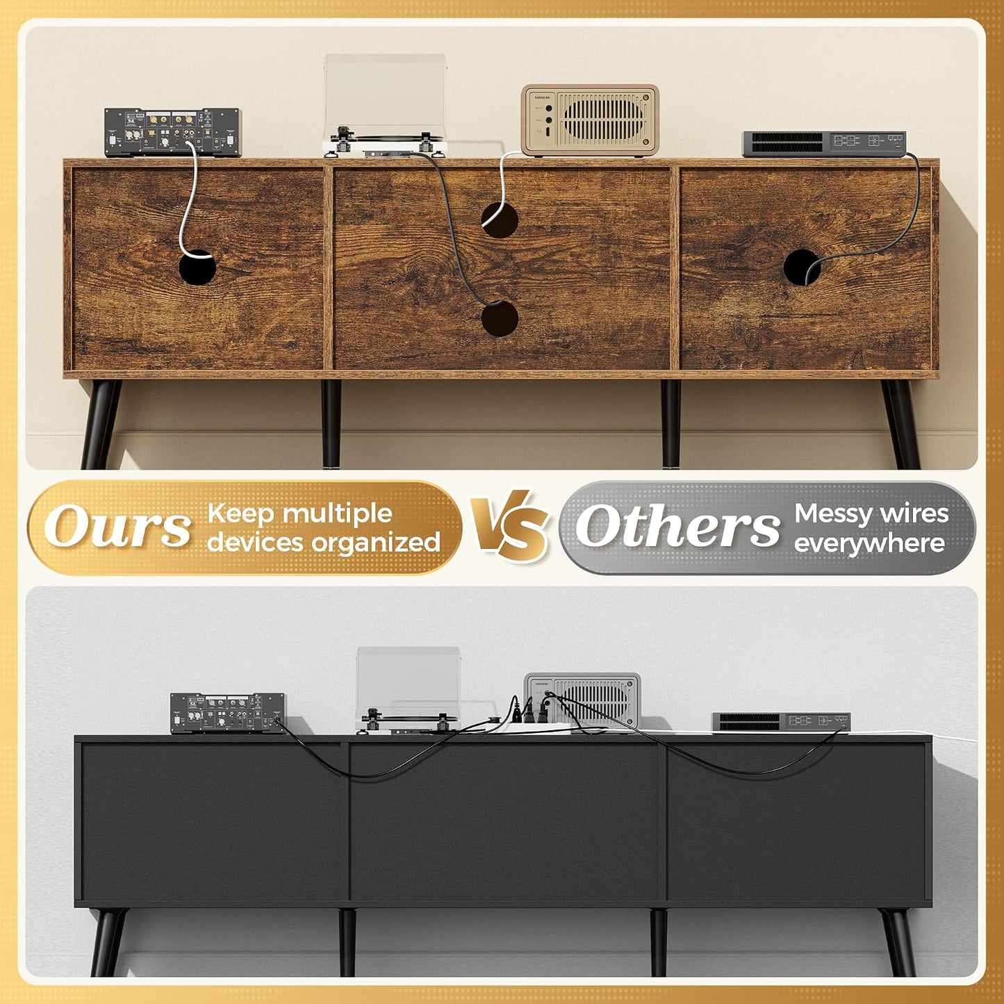 Mid-Century Modern TV Stand with Storage Cabinets and Cable Management