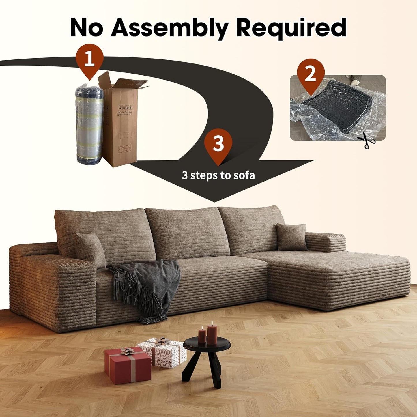Modular Cloud L-Shaped Sectional Sofa with Plush Corduroy Fabric and Chaise Lounge