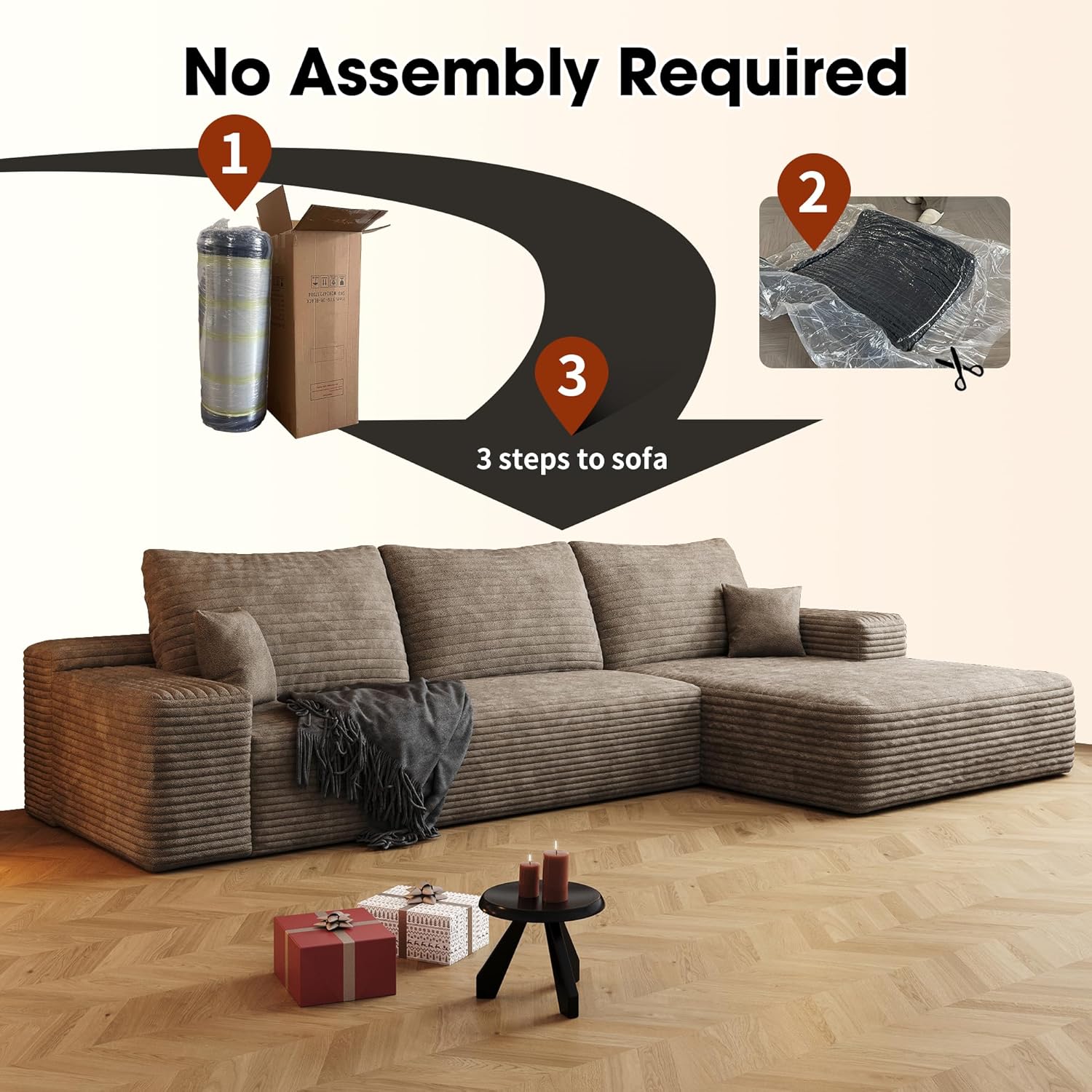 Modular Cloud L-Shaped Sectional Sofa with Plush Corduroy Fabric and Chaise Lounge