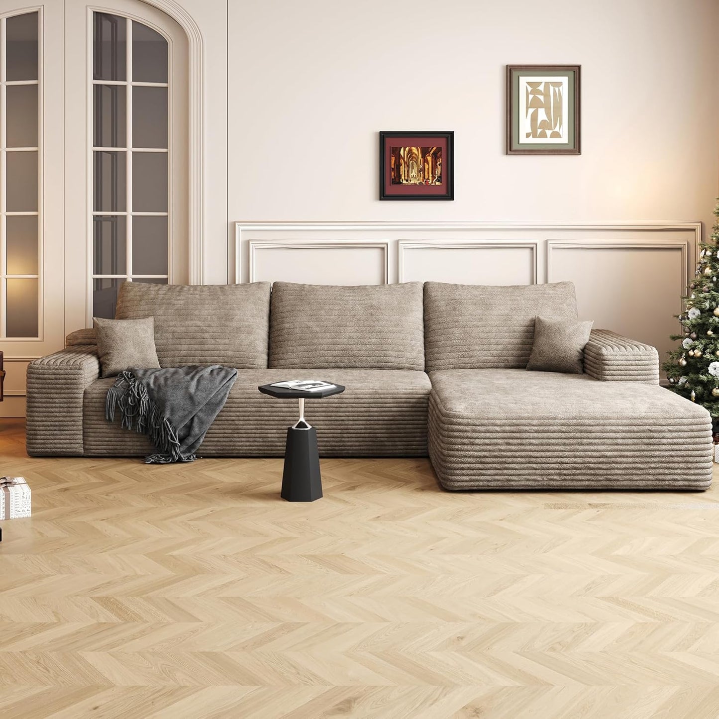 Modular Cloud L-Shaped Sectional Sofa with Plush Corduroy Fabric and Chaise Lounge