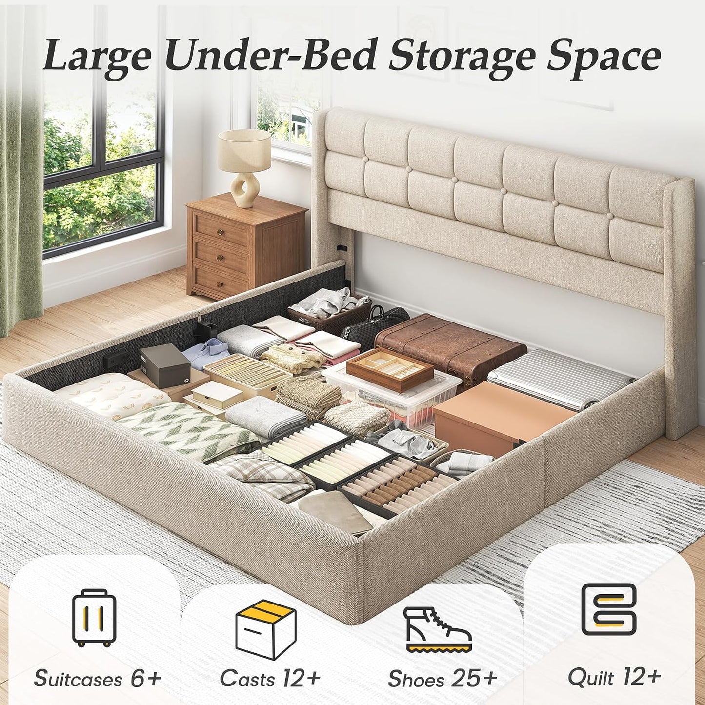 King Size Hydraulic Lift-Up Storage Bed Frame with Wingback Headboard and Noise-Free Design