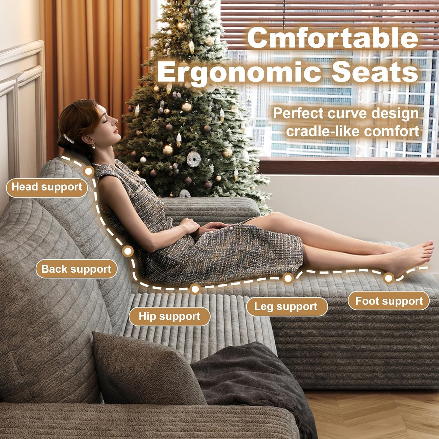 Modular Cloud L-Shaped Sectional Sofa with Plush Corduroy Fabric and Chaise Lounge