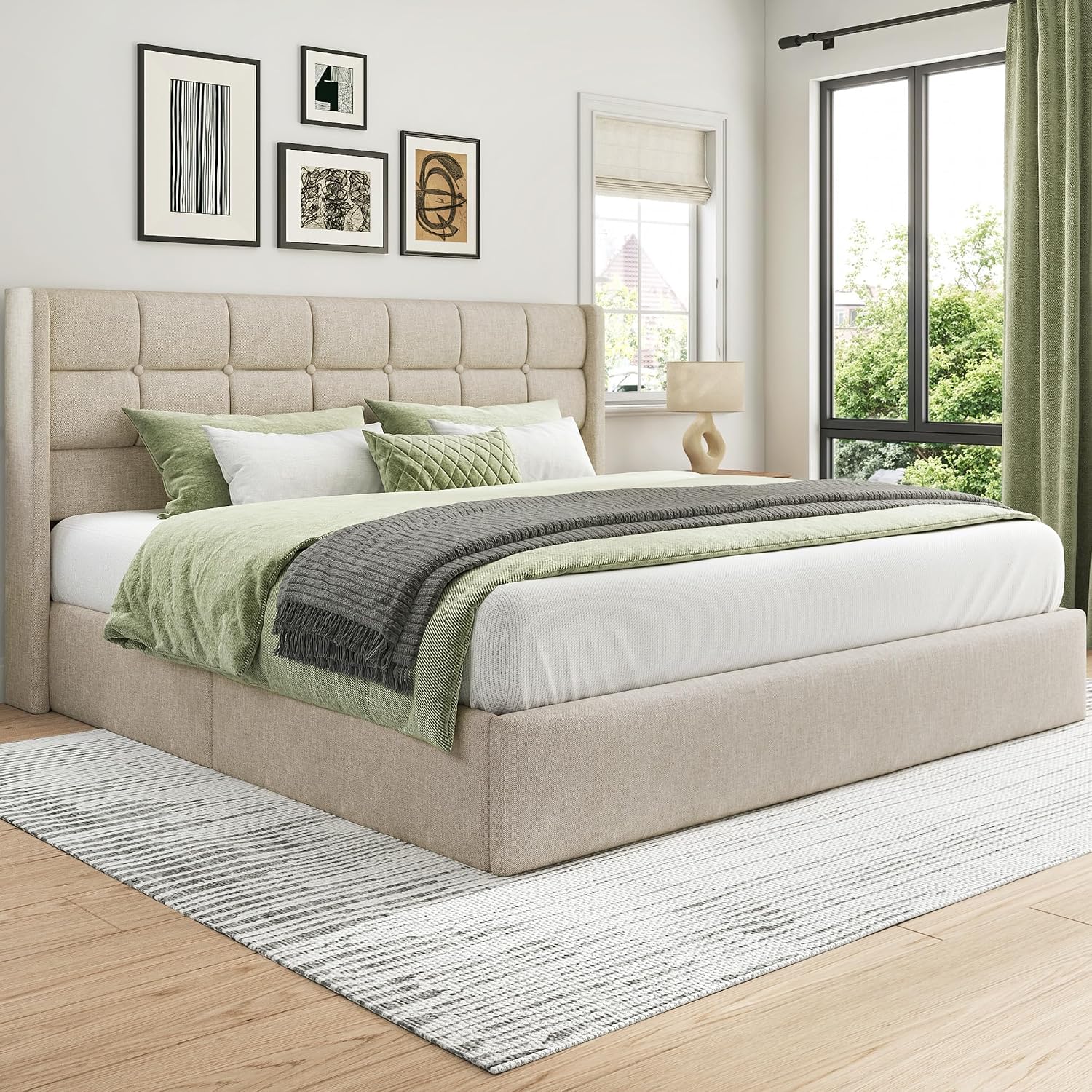 King Size Hydraulic Lift-Up Storage Bed Frame with Wingback Headboard and Noise-Free Design