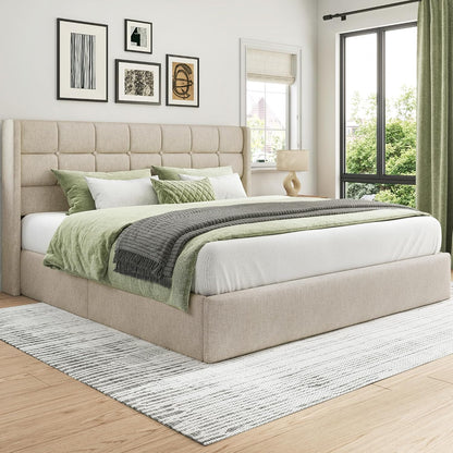King Size Hydraulic Lift-Up Storage Bed Frame with Wingback Headboard and Noise-Free Design
