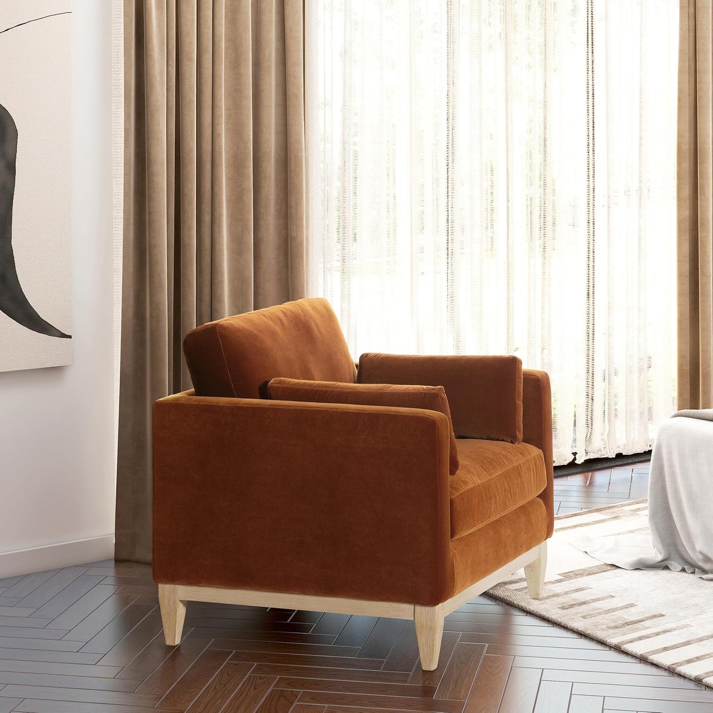 Farmhouse Upholstered Accent Chair – Modern Lounge Armchair with Performance Fabric and Solid Wood Frame