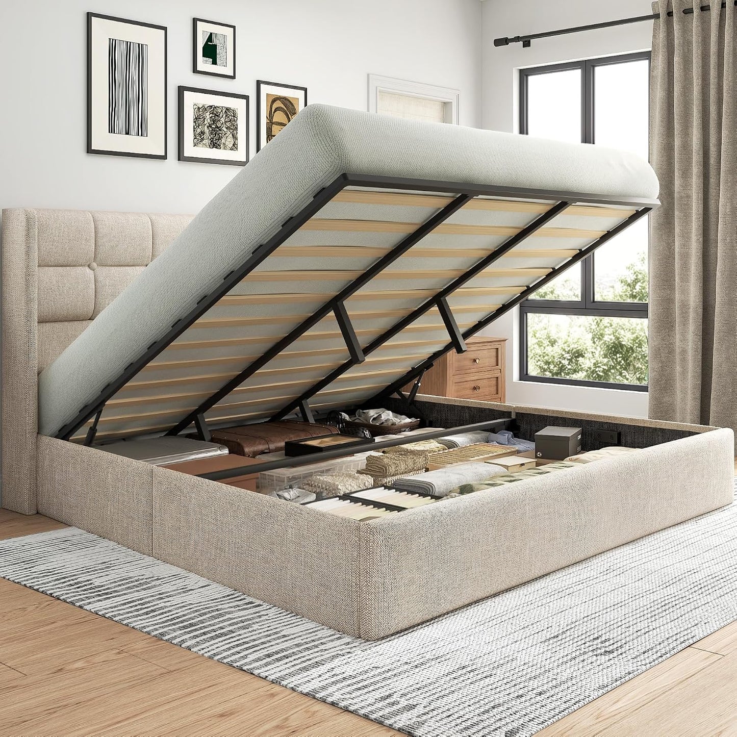 King Size Hydraulic Lift-Up Storage Bed Frame with Wingback Headboard and Noise-Free Design