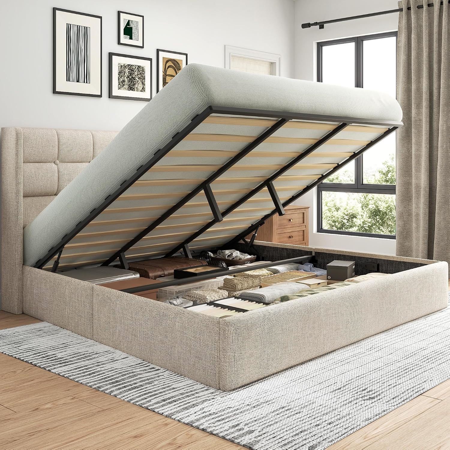 King Size Hydraulic Lift-Up Storage Bed Frame with Wingback Headboard and Noise-Free Design