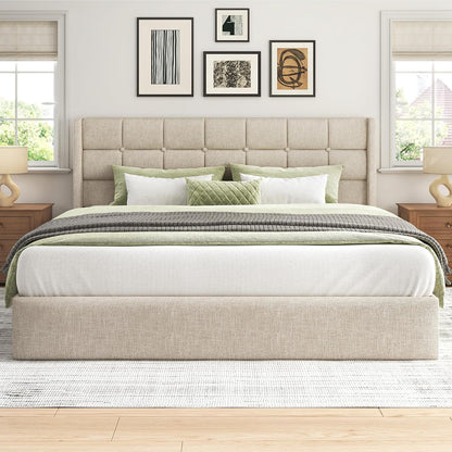 King Size Hydraulic Lift-Up Storage Bed Frame with Wingback Headboard and Noise-Free Design