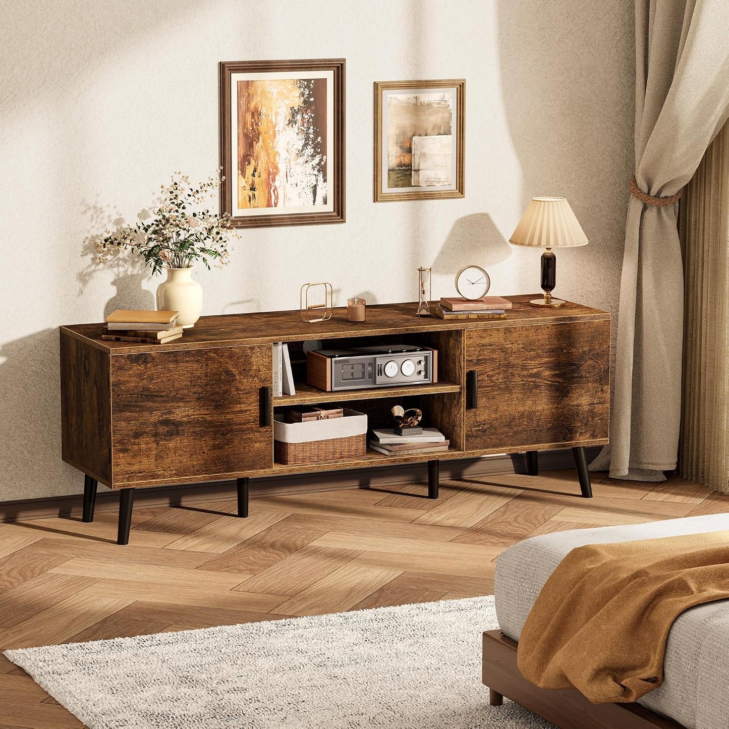 Mid-Century Modern TV Stand with Storage Cabinets and Cable Management