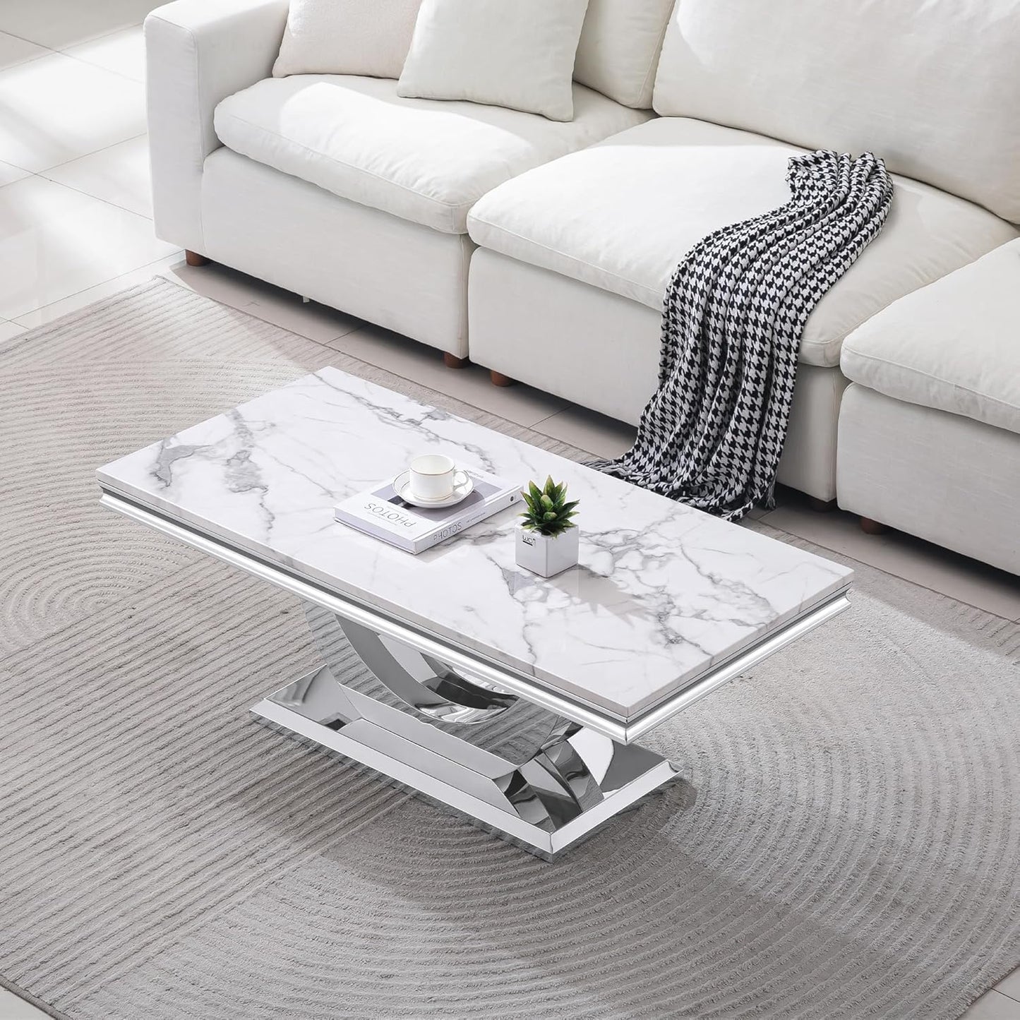 Modern Marble Coffee Table Set – 2-Piece Living Room Side Table with Stainless Steel Frame