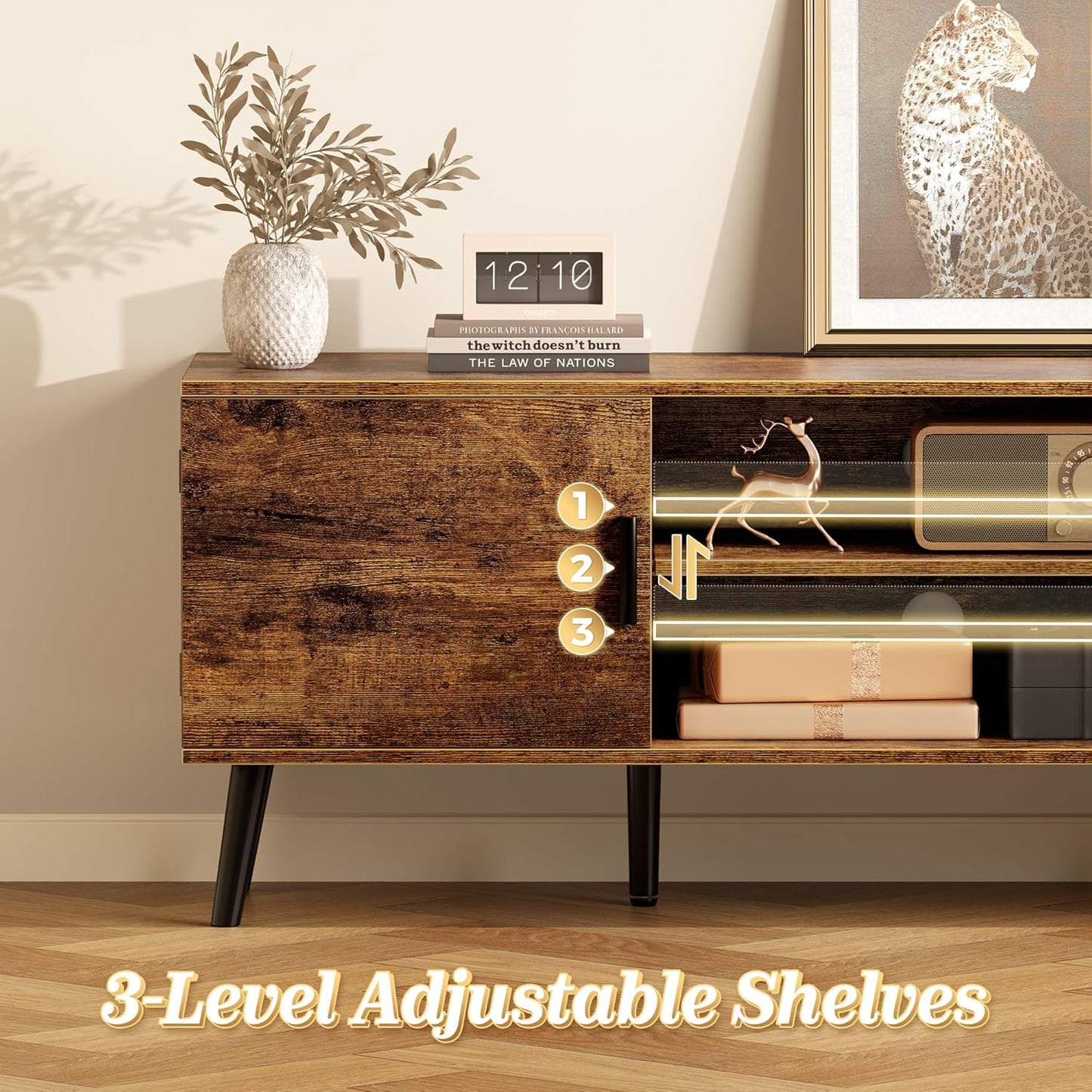 Mid-Century Modern TV Stand with Storage Cabinets and Cable Management